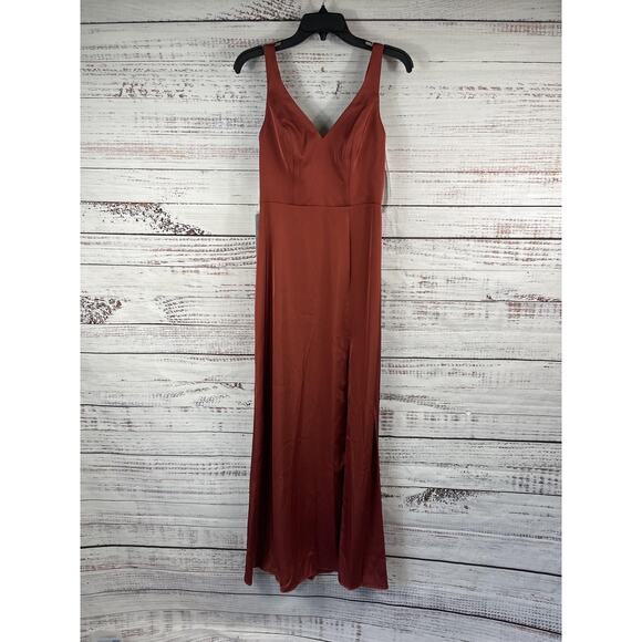Azazie Dress Women's 4 Rust V Neck Satin Formal Bridesmaid Gown Open Back Slit - Picture 2 of 13